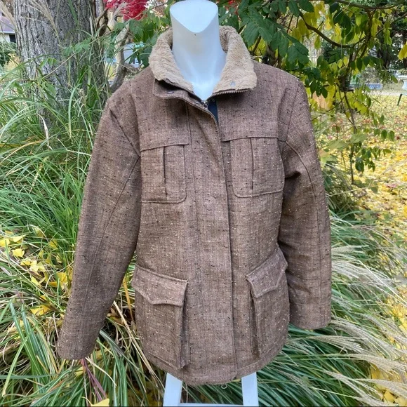 Woolrich Tweed Brown/Tan Utility Coat Barn Jacket Faux Fur lined 6 pockets sz M - Picture 1 of 15